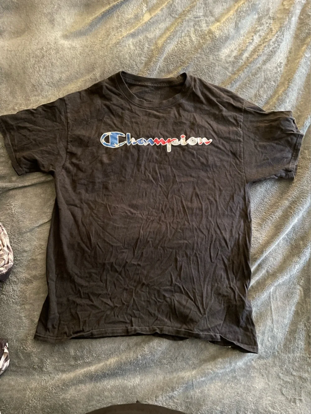 Champion Mens Black T-Shirt with Multicolor Script Logo - Picture 1 of 4